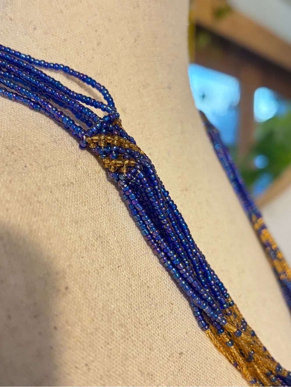 Vintage Cobalt Blue Gold Multi Strand Seed Bead Necklace Boho Statement Woven - Picture 6 of 10